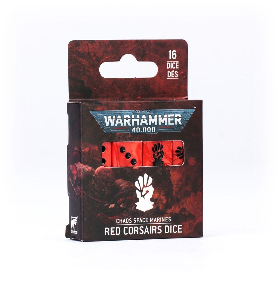Warhammer 40,000 - Chaos Space Marines - Red Corsairs Dice (PREORDER) - Set of 16 red six-sided dice with black pips and Chaos Space Marines symbols in black on each face, displayed in Warhammer.