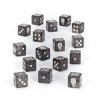 Warhammer 40,000 - Chaos Space Marines - Iron Warriors Dice (PREORDER) - Set of 15 black marbled six-sided dice with white pips and Iron Warriors emblem on one side.
