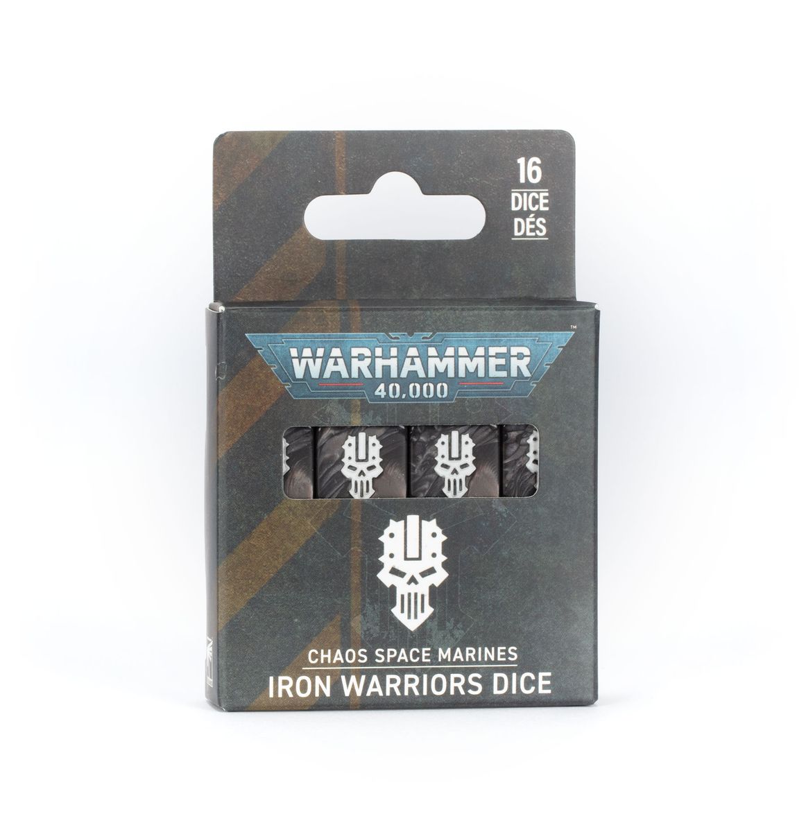 Warhammer 40,000 - Chaos Space Marines - Iron Warriors Dice (PREORDER) - Set of 16 black Warhammer 40,000 Iron Warriors dice featuring white Chaos Space Marines symbols in a branded black and gray.