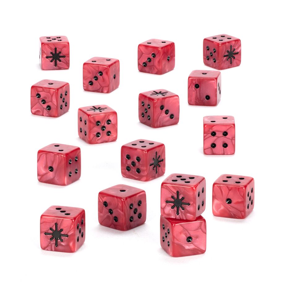 Warhammer 40,000 - Chaos Space Marines - Dice - Set of 14 red marbled six-sided dice with black pips and Chaos star symbols for Warhammer 40,000 gaming.
