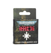 Warhammer 40,000 - Chaos Space Marines - Dice - Set of six red six-sided dice with black symbols, packaged in black Warhammer 40,000 Chaos Space Marines box.