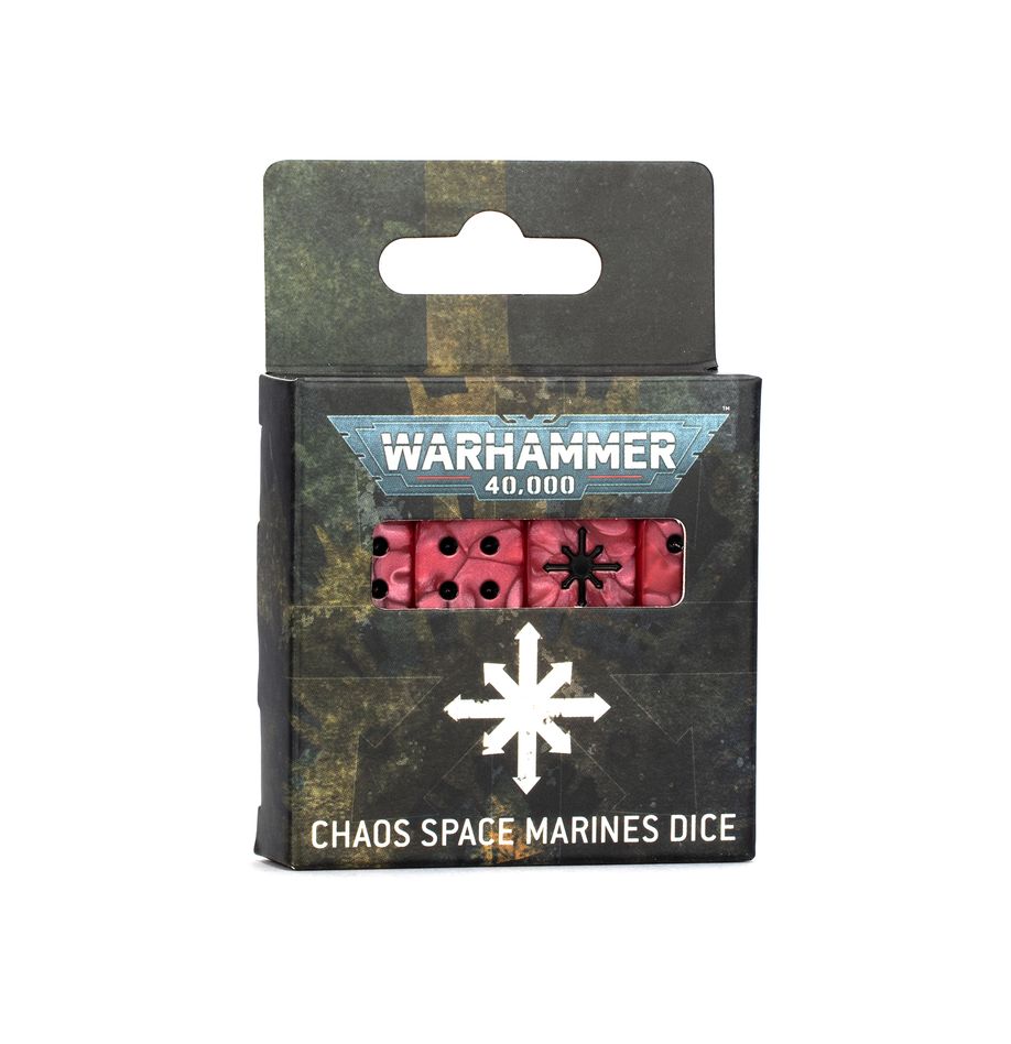 Warhammer 40,000 - Chaos Space Marines - Dice - Set of six red six-sided dice with black symbols, packaged in black Warhammer 40,000 Chaos Space Marines box.
