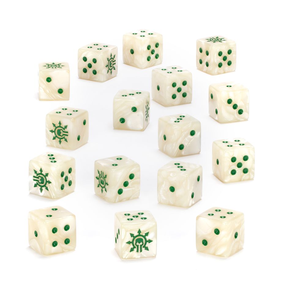 Warhammer 40,000 - Chaos Knights - Dice - Fifteen off-white six-sided dice with green pips and Chaos Knights emblem, standard size gaming dice.