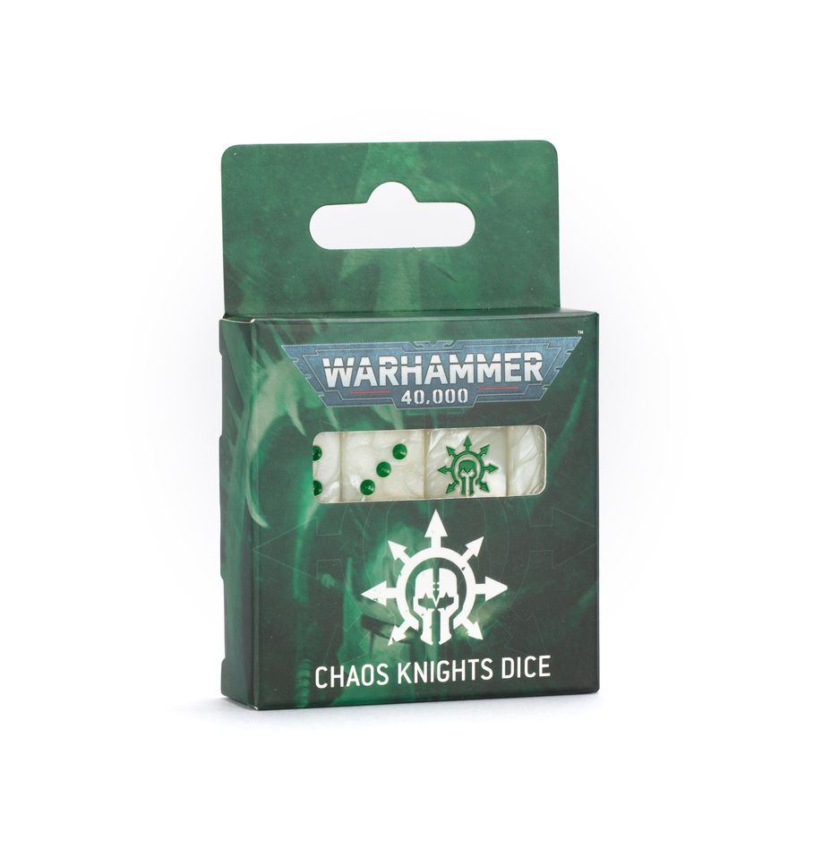 Warhammer 40,000 - Chaos Knights - Dice - Set of white six-sided dice with green pips and a green Chaos Knights emblem on the packaging.
