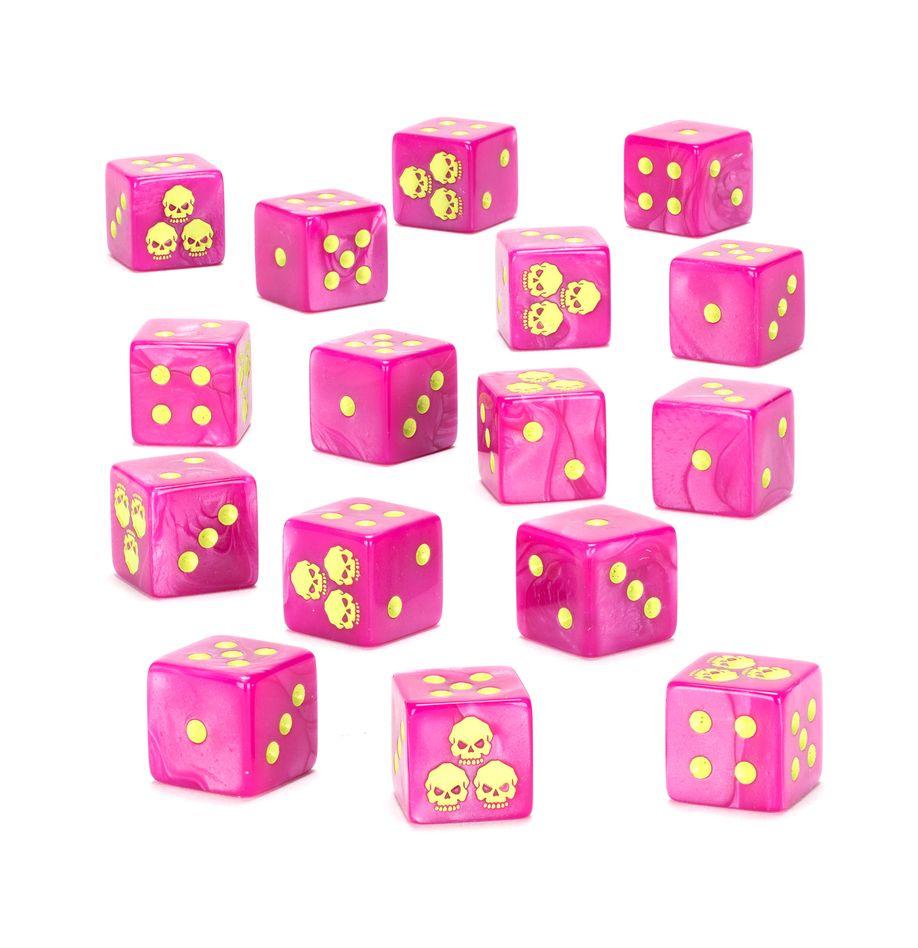 Warhammer 40,000 - Death Guard - Dice - Set of 15 pink six-sided dice with yellow skull and dot pips, glossy finish.
