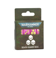 Warhammer 40,000 - Death Guard - Dice - Set of six pink translucent dice with white skull and pox mark symbols in a green Warhammer 40,000 Death Guard branded box.