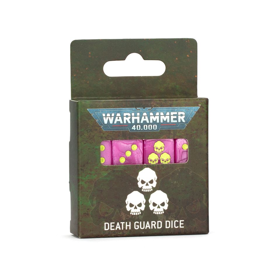 Warhammer 40,000 - Death Guard - Dice - Set of six pink translucent dice with white skull and pox mark symbols in a green Warhammer 40,000 Death Guard branded box.