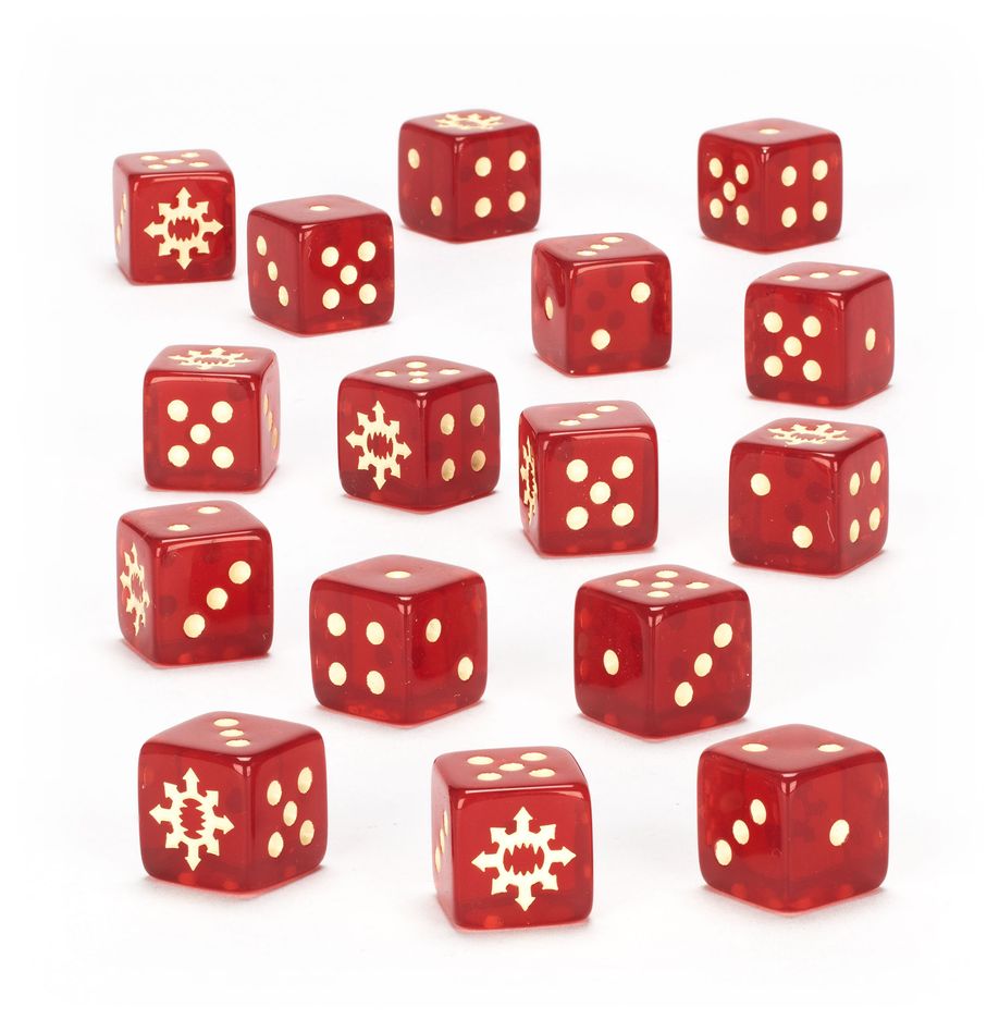 Warhammer 40,000 - World Eaters - Dice - Set of 16 red six-sided dice with white pips and World Eaters symbol on one side, glossy finish.