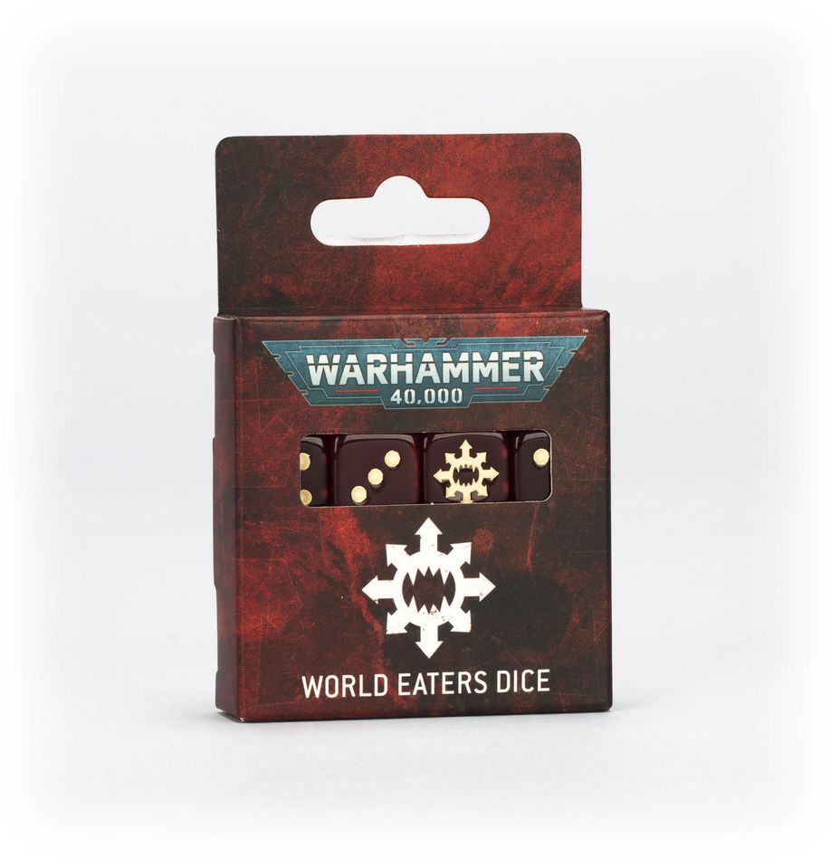 Warhammer 40,000 - World Eaters - Dice - Set of six black six-sided dice with gold pips and Warhammer 40,000 World Eaters logo on packaging.