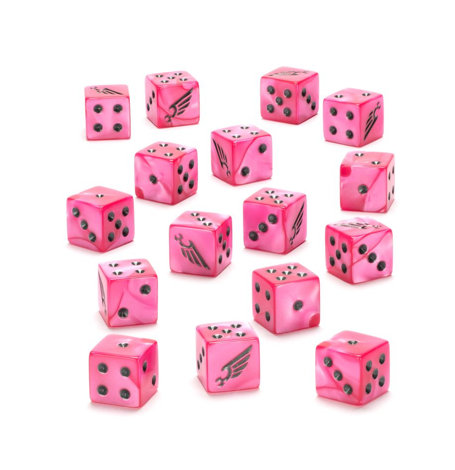 Warhammer 40,000 - Emperor's Children - Dice - Set of 16 pink six-sided dice with black pips and black Emperor's Children winged symbol designs.