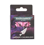 Warhammer 40,000 - Emperor's Children - Dice - Set of pink six-sided dice with black winged skull and arrow symbols in Warhammer 40,000 Emperor's Children themed packaging.