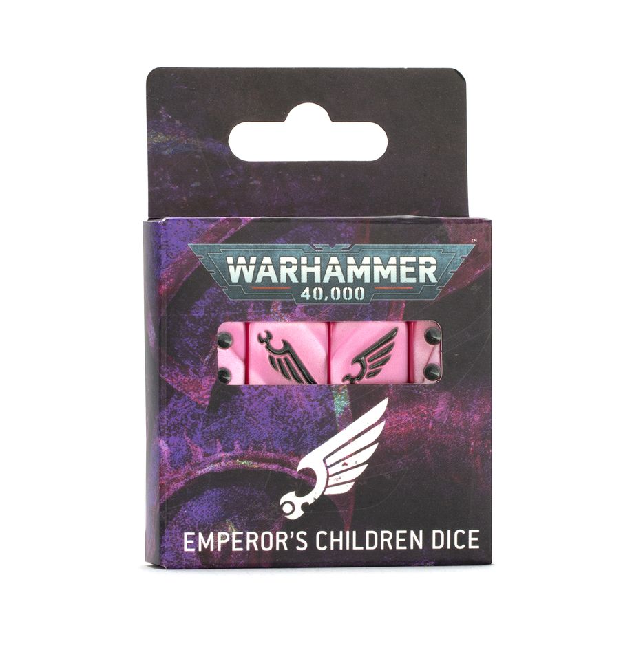Warhammer 40,000 - Emperor's Children - Dice - Set of pink six-sided dice with black winged skull and arrow symbols in Warhammer 40,000 Emperor's Children themed packaging.