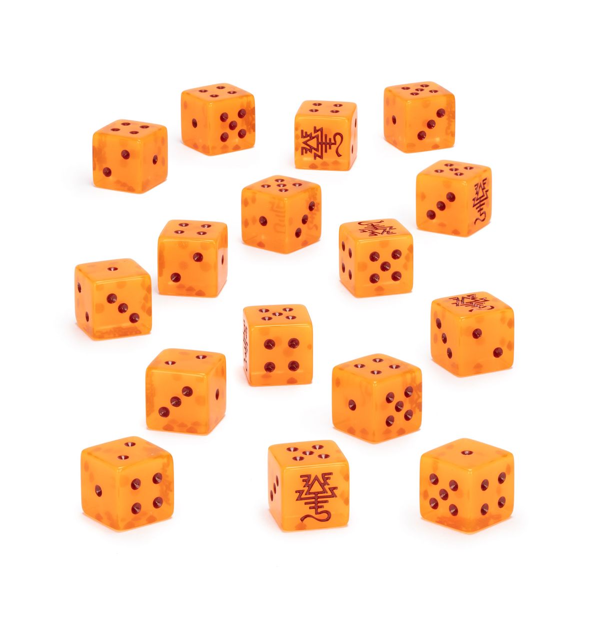 Warhammer 40,000 - Aeldari - Dice - Fifteen translucent orange six-sided dice with black pips and Aeldari symbols from Warhammer 40,000.