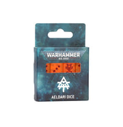 Warhammer 40,000 - Aeldari - Dice - Orange six-sided dice with black pips and Aeldari glyph, in Warhammer 40,000 branded packaging.