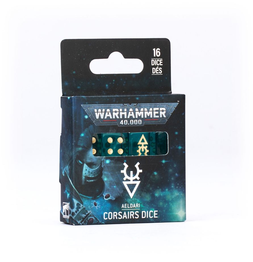 Warhammer 40,000 - Aeldari - Corsairs Dice (PREORDER) - Set of 16 translucent teal six-sided dice with gold pips and Aeldari Corsairs symbols in Warhammer 40,000-themed blue and.