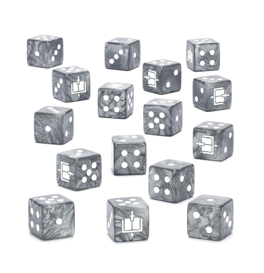 Warhammer 40,000 - Grey Knights - Dice - Set of 14 gray six-sided dice with white pips and intricate Grey Knights icon designs on some faces.