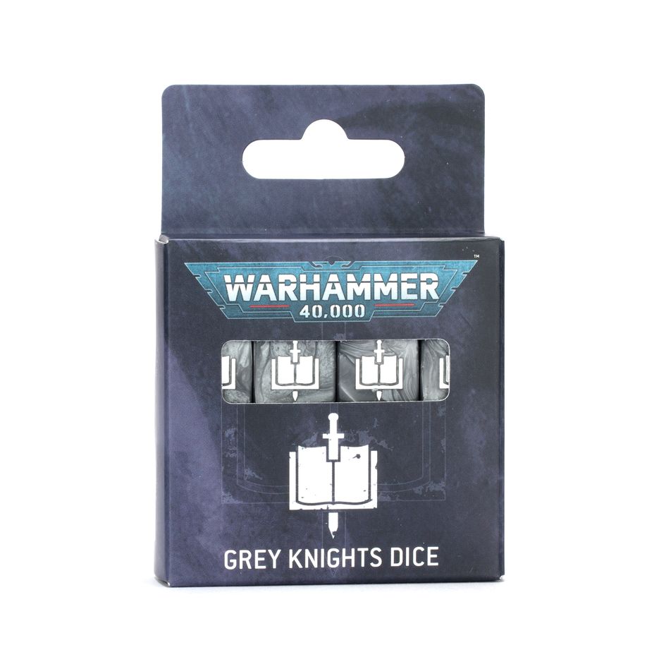 Warhammer 40,000 - Grey Knights - Dice - Set of six black six-sided dice with white symbols from Warhammer 40,000 Grey Knights edition in black packaging.