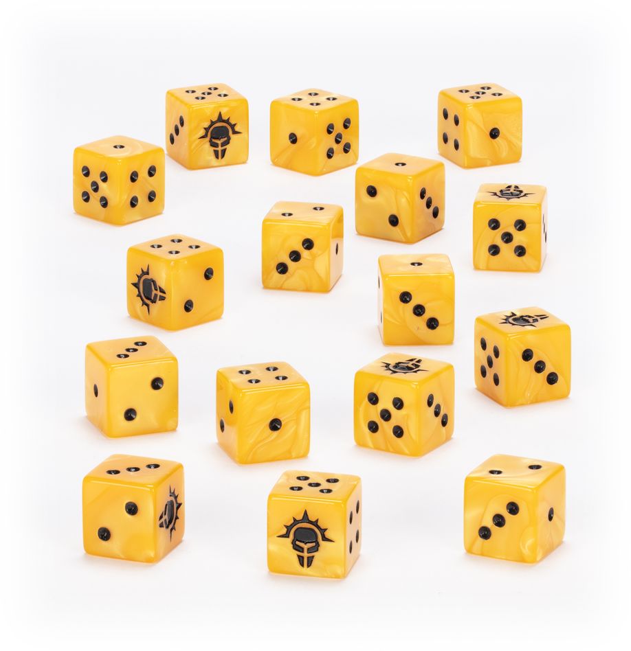 Warhammer 40,000 - Imperial Knights - Dice - Set of yellow six-sided dice with black pips and Warhammer 40k Imperial Knights icons on select faces.