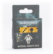 Warhammer 40,000 - Imperial Knights - Dice - Set of yellow six-sided dice with black symbols and dots in black and blue Warhammer 40,000 Imperial Knights packaging.