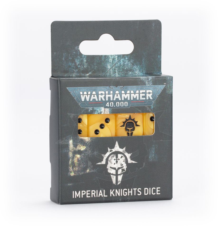 Warhammer 40,000 - Imperial Knights - Dice - Set of yellow six-sided dice with black symbols and dots in black and blue Warhammer 40,000 Imperial Knights packaging.