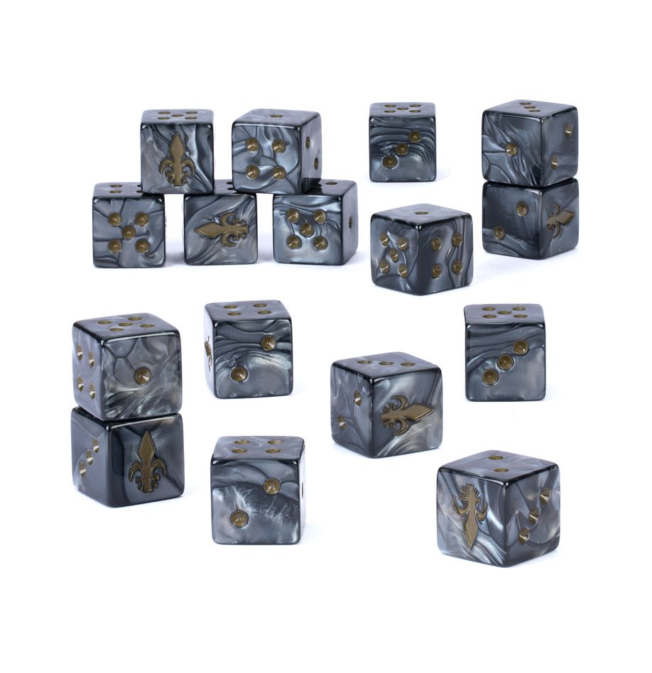 Warhammer 40,000 - Adepta Sorotias - Dice - Set of black and gray marbled six-sided dice with gold Adepta Sororitas symbols and pips.