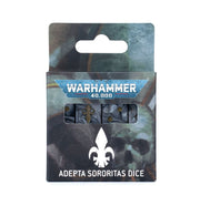 Warhammer 40,000 - Adepta Sorotias - Dice - Set of black six-sided dice with silver Adepta Sororitas symbols, packaged in Warhammer 40,000 branded box.