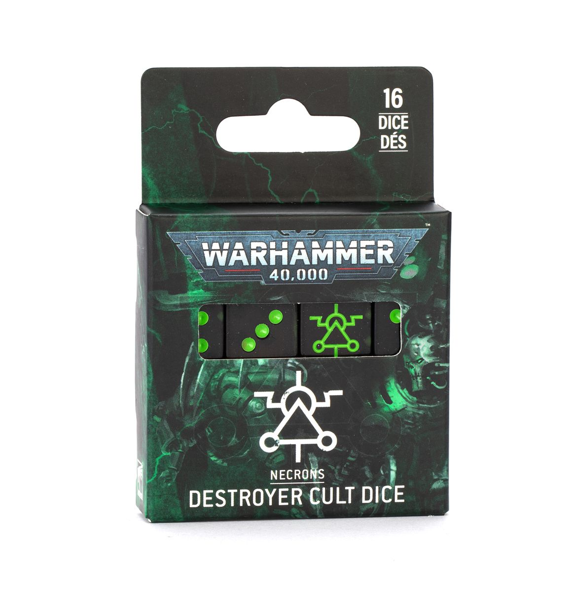 Warhammer 40,000 - Necrons - Destroyer Cult Dice - Set of 16 black dice with neon green symbols and dots in dark green and black Warhammer 40,000 themed box.