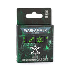 Warhammer 40,000 - Necrons - Destroyer Cult Dice - Set of 16 black dice with neon green symbols and dots in dark green and black Warhammer 40,000 themed box.