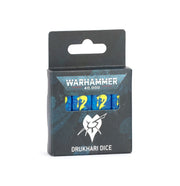 Warhammer 40,000 - Drukhari - Dice - Set of blue six-sided dice with yellow numbering in black packaging labeled Warhammer 40,000 Drukhari Dice.