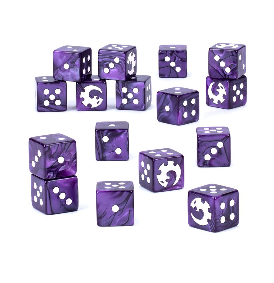 Warhammer 40,000 - Genestealer Cults - Dice - Set of 15 purple marbled six-sided dice with white pips and a white skull symbol on one side.