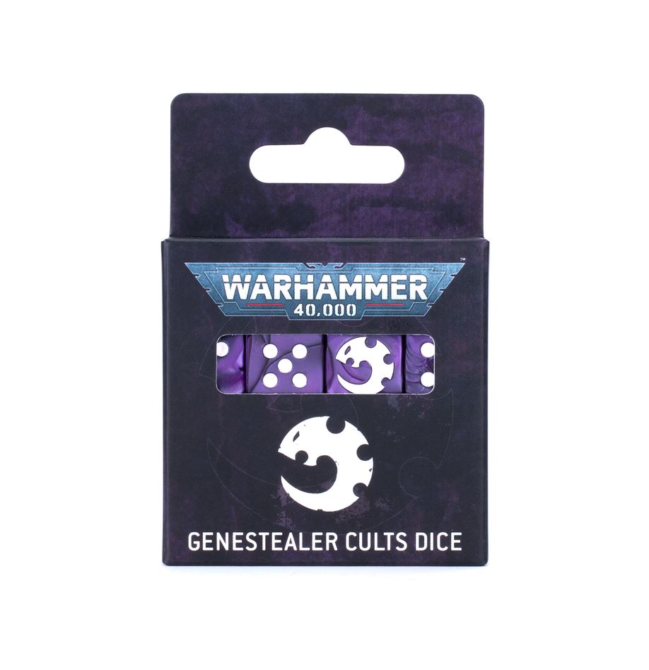 Warhammer 40,000 - Genestealer Cults - Dice - Set of six purple six-sided dice with white pips and Genestealer Cults emblem on black packaging.