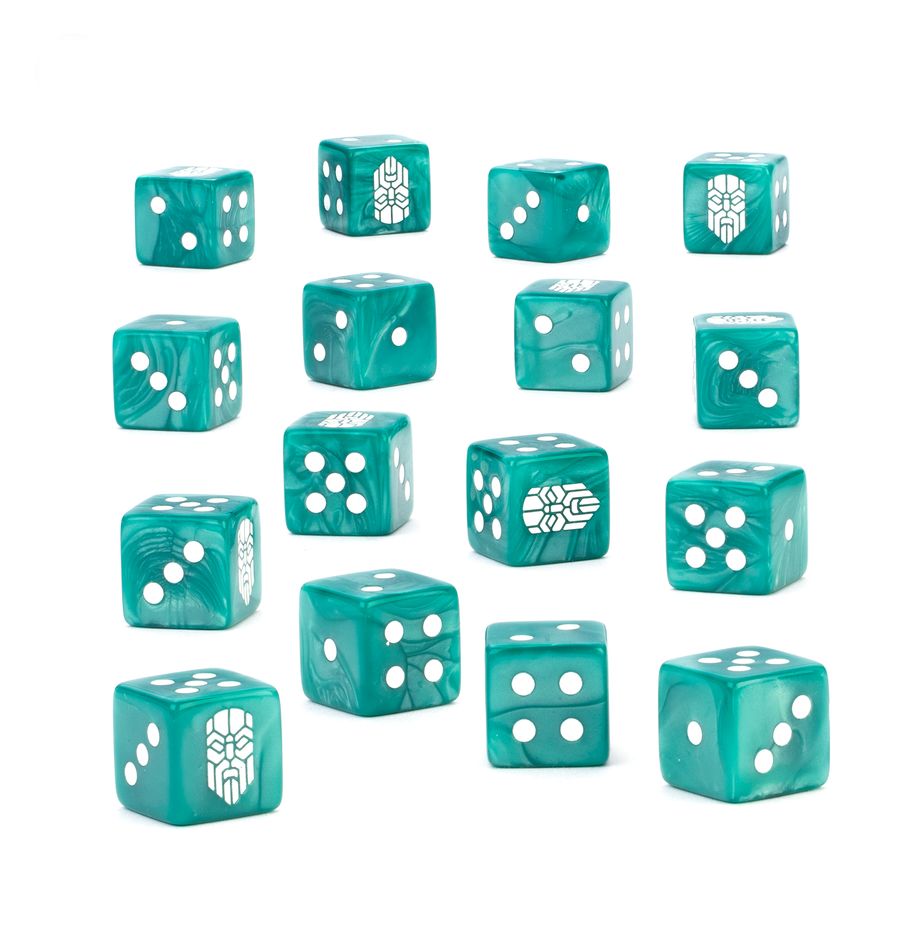 Warhammer 40,000 - Leagues of Votann - Dice - Set of 14 teal six-sided dice featuring white pips and a white emblem on one side.