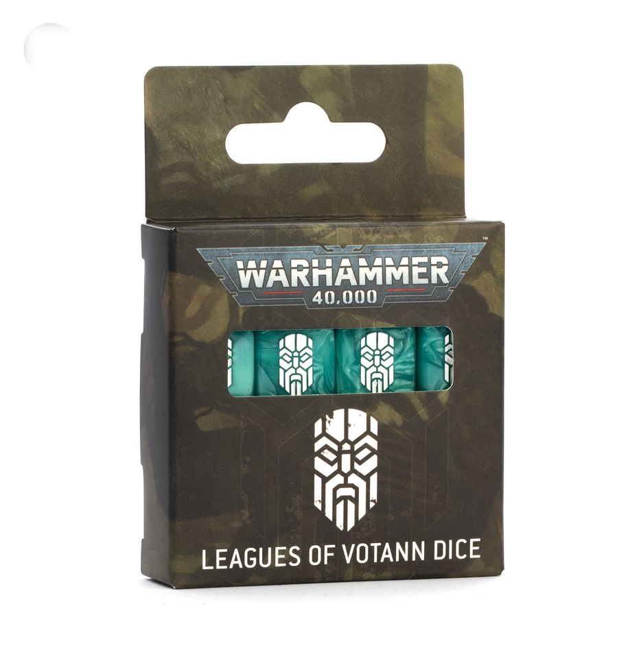 Warhammer 40,000 - Leagues of Votann - Dice - Set of six teal six-sided dice with white numerals and Leagues of Votann emblem in black and white box.