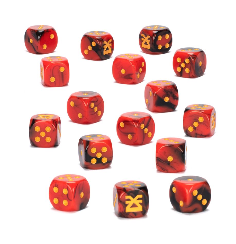 Warhammer Age of Sigmar - Blades of Khorne - Dice - Set of 15 red and black marbled six-sided dice with yellow pips and symbol details for tabletop gaming.