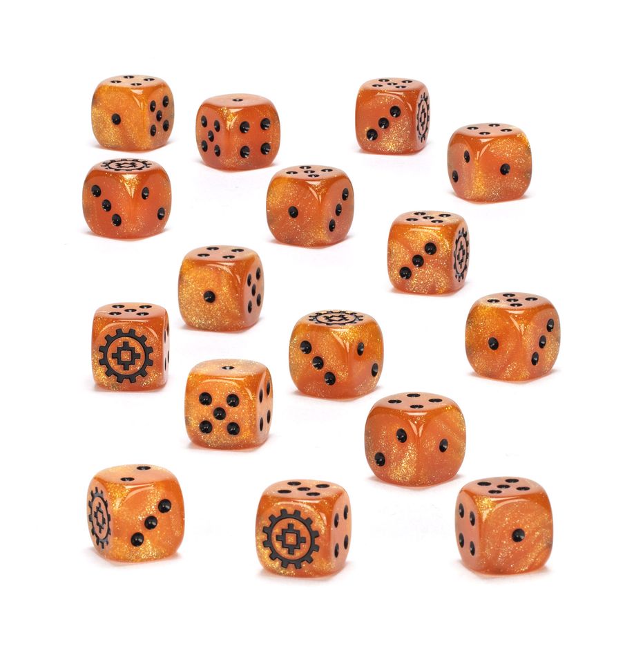 Warhammer Age of Sigmar - Kharadron Overlords - Dice - Fifteen orange six-sided dice with black pips and mechanical gear symbols, glossy finish.