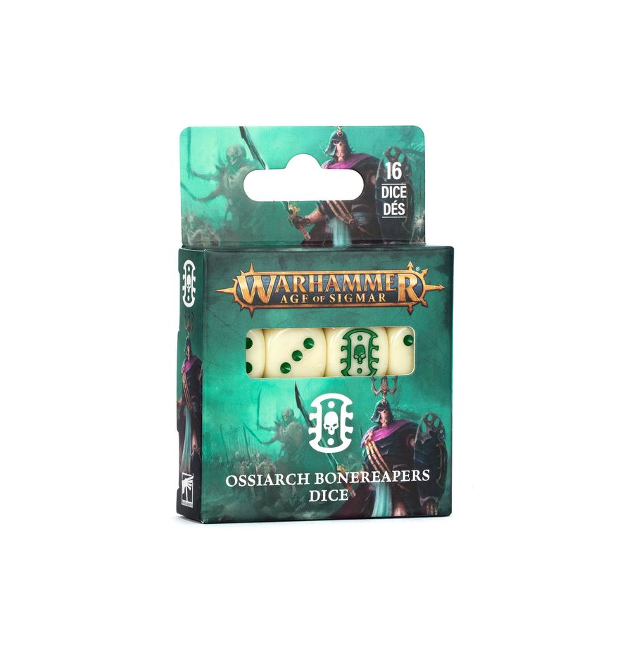 Warhammer Age of Sigmar - Ossiarch Bonereapers - Dice (PREORDER) - Set of 16 bone-white six-sided dice with dark green pips in dark fantasy-themed packaging.