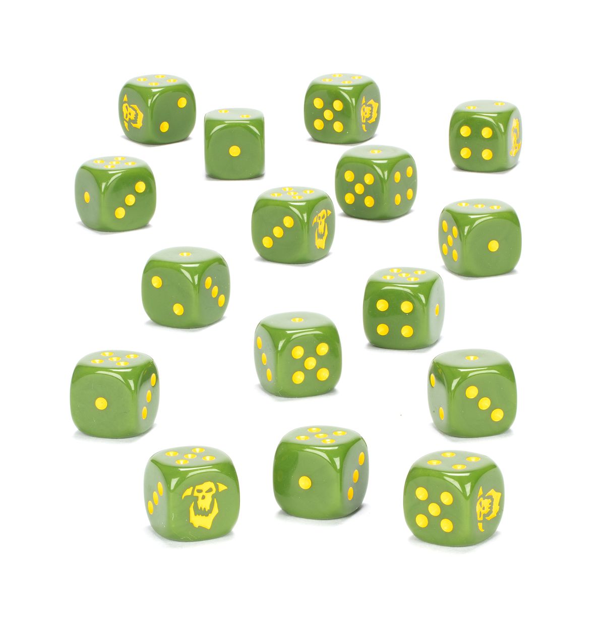 Warhammer 40,000 - Orruk Warclans - Dice - Set of 16 olive green six-sided dice with yellow pips and Warhammer 40,000 Orruk Warclans skull symbols.