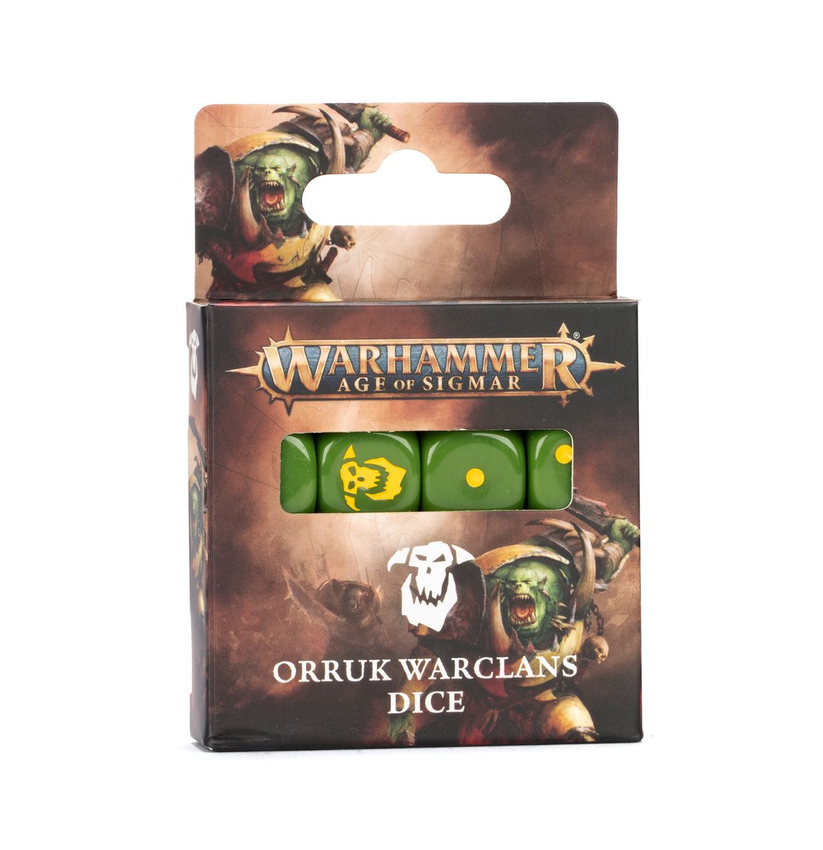 Warhammer 40,000 - Orruk Warclans - Dice - Set of green polyhedral dice with yellow symbols in Warhammer 40,000 Orruk Warclans themed packaging.