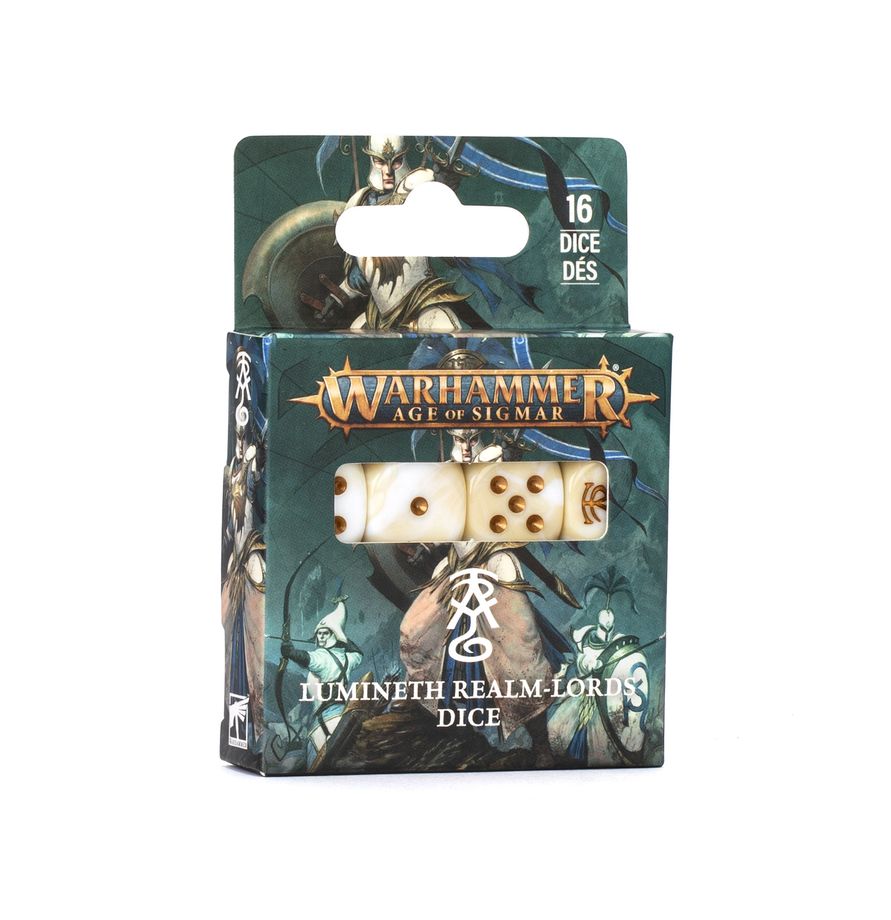 Warhammer Age of Sigmar - Lumineth Realm-lords - Dice - Set of 16 cream-colored six-sided dice with black pips in Warhammer Age of Sigmar Lumineth Realm-lords packaging.