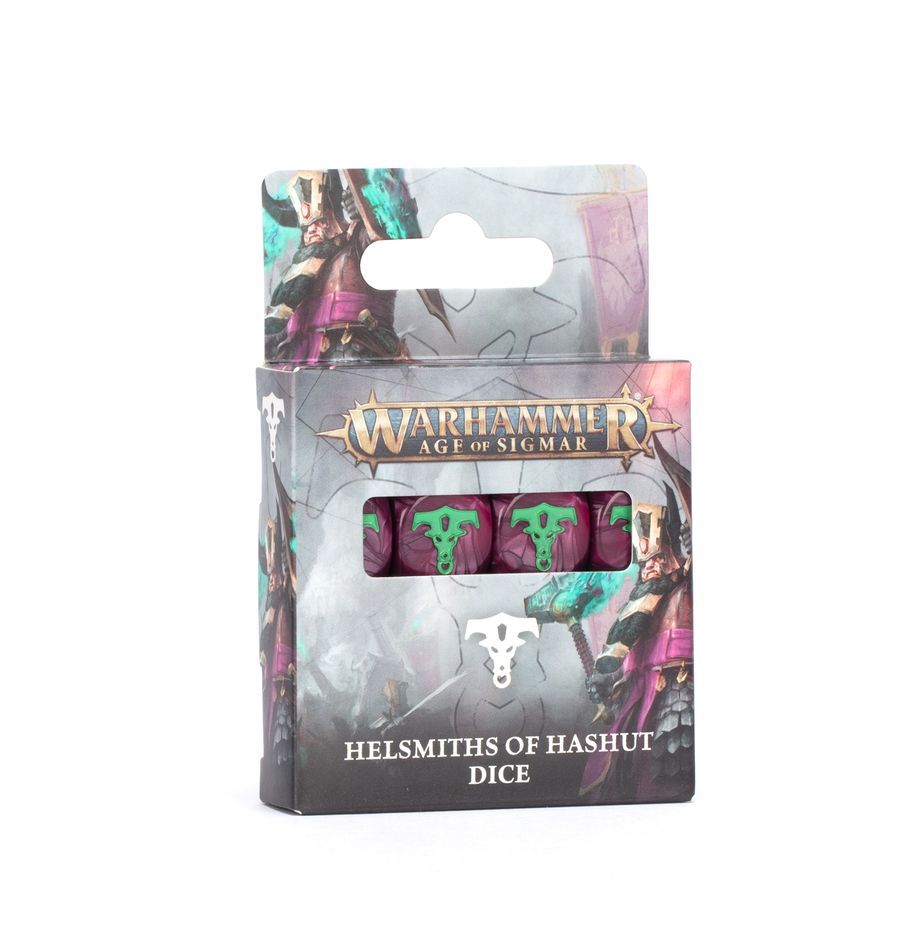 Warhammer Age of Sigmar - Helsmiths of Hashut - Dice (PREORDER) - Set of six dark purple six-sided dice featuring bright green skull and hammer symbols, displayed in a Warhammer Age of.