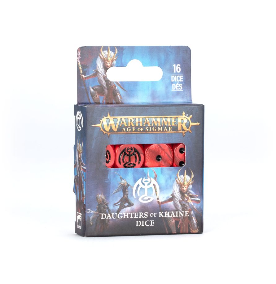 Warhammer Age of Sigmar - Daughters of Khaine - Dice (PREORDER) - Set of sixteen red six-sided dice with black arcane symbols, packaged in a dark blue Warhammer Age of Sigmar themed box.