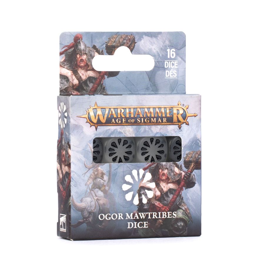 Warhammer Age of Sigmar - Ogor Mawtribes - Dice (PREORDER) - Set of 16 black plastic six-sided dice with white symbols, packaged in Warhammer Age of Sigmar Ogor Mawtribes-themed box.