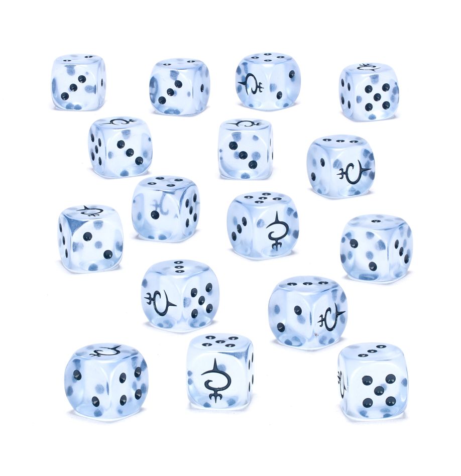 Warhammer Age of Sigmar - Idoneth Deepkin - Dice - White translucent six-sided dice with black dots and stylized symbols for Warhammer Age of Sigmar gaming set.