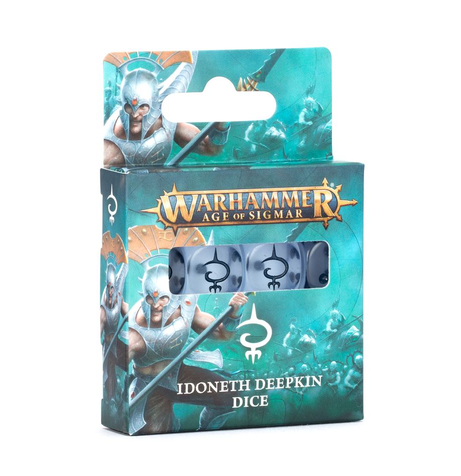 Warhammer Age of Sigmar - Idoneth Deepkin - Dice - Set of six blue translucent dice with black symbols, in teal-themed Warhammer Age of Sigmar Idoneth Deepkin packaging.