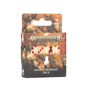 Warhammer Age of Sigmar - Sons of Behemat - Dice (PREORDER) - Set of sixteen white six-sided dice with red pips and Sons of Behemat themed fantasy artwork on packaging.