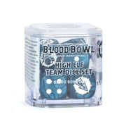 Warhammer Blood Bowl - High Elf Team Dice Set (PREORDER) - Clear hexagonal container with Warhammer Blood Bowl High Elf Team Dice in blue with white pips and symbols.