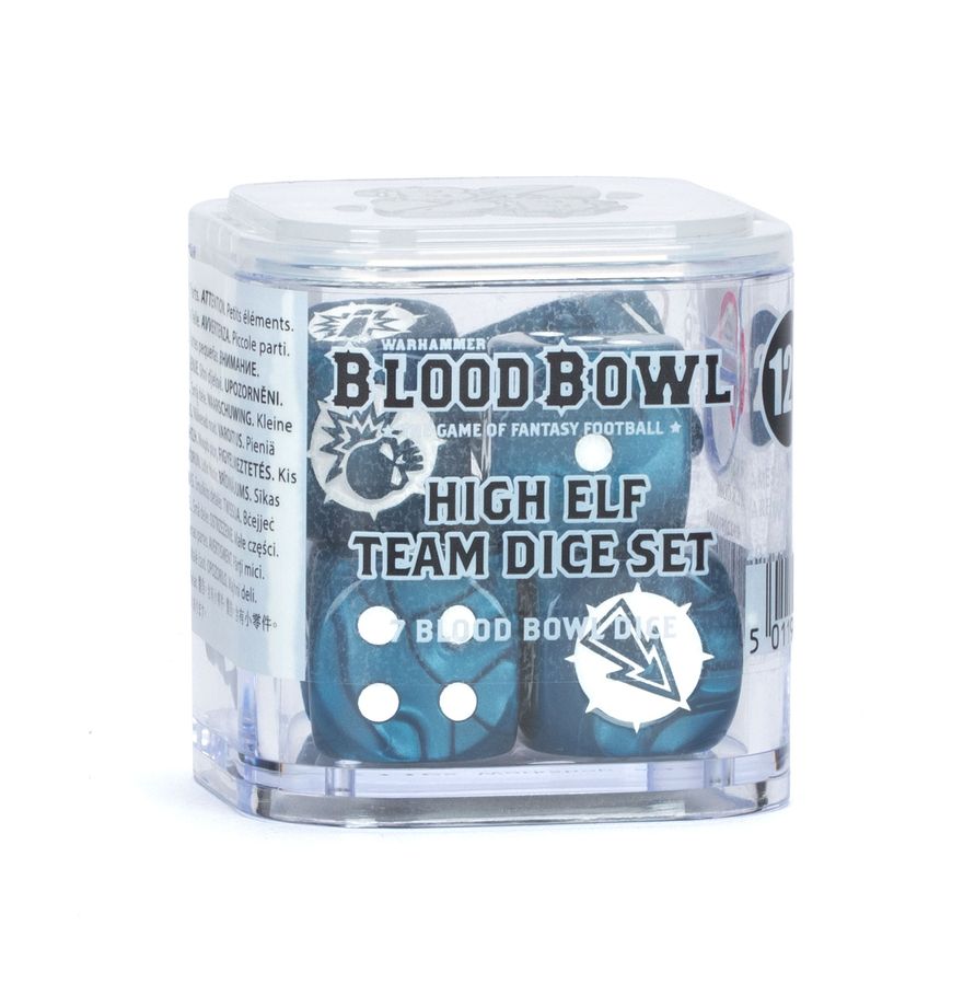 Warhammer Blood Bowl - High Elf Team Dice Set (PREORDER) - Clear hexagonal container with Warhammer Blood Bowl High Elf Team Dice in blue with white pips and symbols.