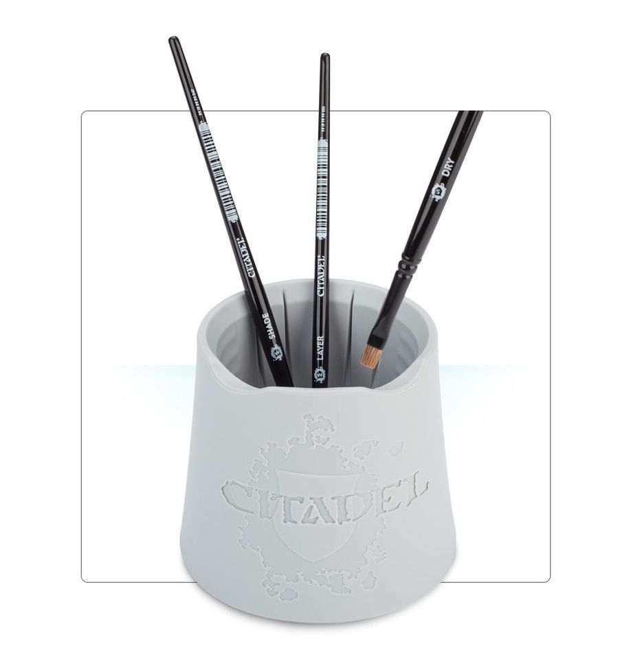 Citadel Water Pot - Light gray cylindrical water pot with a slightly tapered base and Citadel logo embossed on the front, holding three thin.