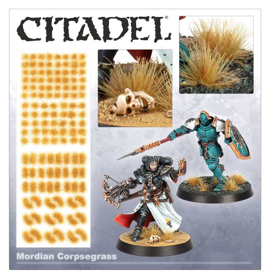 Citadel Colour - Tufts - Mordian Corpsegrass - Small yellowish tufts of synthetic Mordian Corpsegrass arranged on a adhesive sheet for miniature basing.