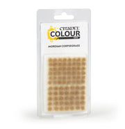 Citadel Colour - Tufts - Mordian Corpsegrass - Pack of small pale tan synthetic grass tufts arranged in a grid on clear plastic backing in blister pack.